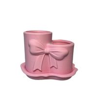 Decorative Bowknot Pen Holder Desk Organizer Dual Compartment Stationery Container with Base for Office School Supplies Storage