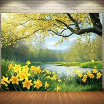 2D Spring Nature River Backdrop Yellow Daffodil Background Cloth 47.2x31.5inch/120*80cm