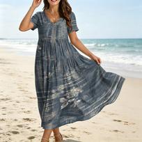Moteriška laisva kasdienė boho stiliaus su gėlių raštu trumpomis rankovėmis V formos iškirpte ilga suknelė, lengva, plazdenanti, tinkama kasdieniam dėvėjimui L mėlyna