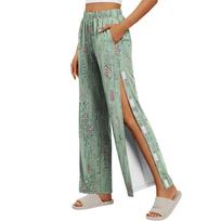 Women Vintage Floral Side Velcro Closure Easy Open Post Surgery Recovery Care Long Pants Elastic Waistband Comfortable Fit L