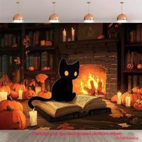 2D Whimsical Black Cat Backdrop for Halloween, Fall or Book-themed Photoshoot 47.2x31.5inch/120*80cm