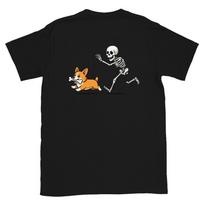 Funny Skeleton Chasing Corgi Halloween Dog Mom Pet Lover T-Shirt S įvairiaspalvis