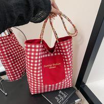 Korean Style Plaid Reversible Tote Bag Large Capacity Canvas Shoulder Handbag raudona
