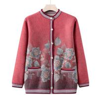 Grandma winter velvet knitted sweater medium and old cardigan sweater female old lady autumn new clothes mother coat XL (recommended 90-52.5kg) raudona