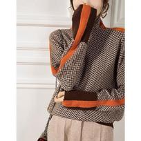Herringbone Turtleneck Sweater with Red Stripe Winter Fashion Warm Knit Pullover for Women S oranžinė