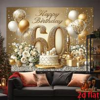 2D 60th Birthday Party Backdrop Gold Balloon & Cake Happy Birthday Photo Booth Background 47.2x31.5inch/120*80cm