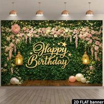2D Pink Flower Green Leaf Happy Birthday Backdrop Party Decoration Banner 47.2x31.5inch/120*80cm