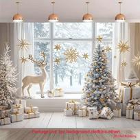 2D Winter Wonderland Backdrop White Christmas Tree and Gold Gifts Background Banner 47.2x31.5inch/120*80cm