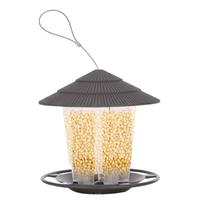 Outdoor Hanging Bird Feeder with Roof Cover Durable Seed Storage Tube and Perch Ring Suitable for Garden Patio Backyard Wildlife Feeding