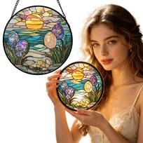 Round Stained Glass Window Panel Hanging Suncatcher with Artistic Floral and Landscape Pattern for Home Kitchen Garden Sunroom Decoration One Size