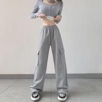 Spring Women's Cotton Bomb Cargo Pants Women's High Waist Drawstring Multi Pocket Tie Feet Straight Leg Wide Leg Pants S tamsiai pilka spalva