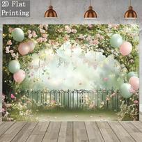 Enchanted Spring Garden Backdrop with Pink Flowers, Balloons and Fairy Lights for Photoshoot 47.2x31.5inch/120*80cm