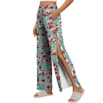 Women Floral Side Velcro Closure Easy Open Post Surgery Recovery Long Pants Elastic Waistband Soft Fabric Comfortable Fit XL