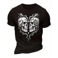 European Sizes Mens T-Shirt - Crew Neck Tee with Intricate Gothic Skull & Heart Graphic Print, Soft & Breathable Black & White Shirt for Men S įvairiaspalvis