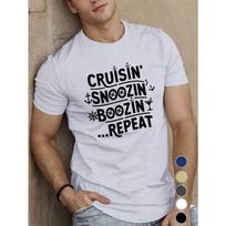 European Sizes Men's Crew Neck T-Shirt - Casual Summer Knit Fabric Top with Geometric Pattern, CRUISIN SNOOZIN BOOZIN REPEAT Print S įvairiaspalvis