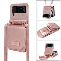 Piniginė Crossbody Virvelė Telefono Dėklas Samsung Galaxy Z Flip 6 Z Flip 5 4 3 Flip4 Flip3 Piniginė Organ Kortelių Lizdas Laikiklis PU Odinis Viršelis For Galaxy Z Flip 3 rožinio aukso spalvos