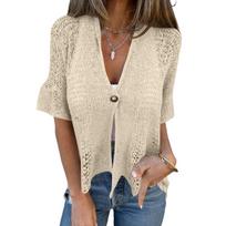 Women's Linen Cardigan With 3/4 Sleeves, Loose Fitting Hood, Shawl Jacket L smėlis