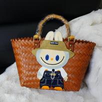 Labubu Summer new style net red woven basket bag shoulder handbag women's bag cute pull cloth cartoon rattan bag CLE 22*12*22