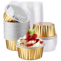 Dessert Cups With Lids, 50 Pieces Gold Aluminum Foil Baking Cup Holders, Cupcake Baking Practical Ramekins Transparent Pudding Cups One Size