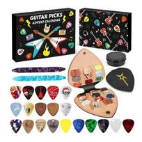 Guitar Picks Advent Calendar 2025 24-Day Countdown with 20 Guitar Picks 2 Oud Picks Faux Leather Pick Holder Metal Case Christmas Gifts for Guitar A