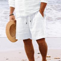 Men's Beige Vertical Striped Textured Casual Shorts With Drawstring Waist S balta