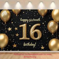 2D 16th Birthday Party Backdrop Black Gold Star Balloon Photography Background 47.2x31.5inch/120*80cm