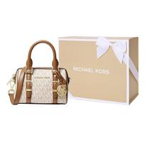 MICHAEL KORS rankinė Bedford Presbyopia Spalvų Blokas Prekės ženklo Ikoniškas Logotipo Spaudinys Boston tipo Rankinė Dengtas Drobė su Odos Apdaila Per Petį Peties Originali Dėžutė balta