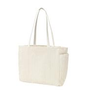 Minimalist Large Capacity Tote Bag Corduroy Fabric Handheld Shoulder Bag with Side Pockets for Daily Use Shopping and Commuting one size smėlis