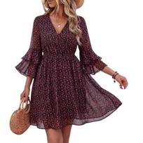 Women’s V Neck Floral Print Dress with Ruffle Sleeves and Elastic Waist Casual Loose Fit A Line Mini Dress XXL mėlyna