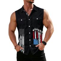 Mens Sleeveless Button Down Shirt Patriotic Flag Print Casual Fit Lapel Collar Front Pocket Design Summer Top M juoda