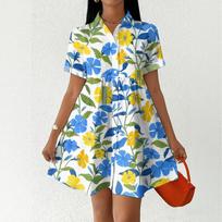 Women Casual Loose Fit Button Front Shirt Dress Hawaiian Print Short Sleeve Collared Summer Dress M mėlyna