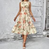 Women’s Sleeveless Round Neck Shirred High Waist Floral Midi Dress Lightweight Casual Summer Sundress for Daily Wear L smėlis