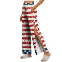 Women Independence Day Print Side Velcro Closure Pants Post Surgery Recovery Care Long Lounge Pants with Adjustable Opening S raudona