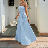 Women Sleeveless Strapless Tube Dress Casual Slim Fit Elegant Long Maxi Dress with Pleated Skirt for Summer XS mėlyna