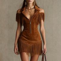 Women’s Off Shoulder Zipper Front Mini Dress with Trim and Collared Neckline Western Inspired Style XXL ruda