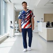 Unisex V formos iškirptės trumpomis rankovėmis medicininis viršus su žvaigždžių ir dryžuotu raštu Patogus kvėpuojantis audinys uniformoms L mėlyna