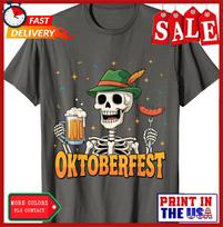 Oktoberfest Funny Skeleton Drinking German Beer Cute Unisex T-Shirt S įvairiaspalvis