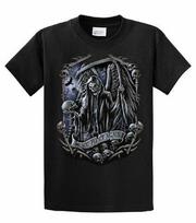 Biker Grim Reaper We Meet Again Skeletons Skull Scary Men's Short Sleeve T-shirt S įvairiaspalvis