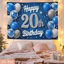 2D Blue Silver 20th Birthday Backdrop, Glitter Number 20 Party Banner Decor 47.2x31.5inch/120*80cm