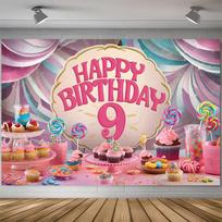 2D Sweet Candy Themed 9th Birthday Backdrop Cupcake Lollipop Kids Party Background 47.2x31.5inch/120*80cm