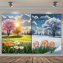 2D Spring Cherry Blossom & Winter Snow Backdrop Nature Landscape Banner 47.2x31.5inch/120*80cm