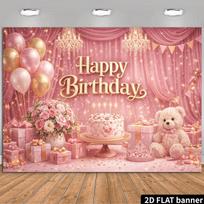 2D Sparkling Pink Curtain Birthday Backdrop with Cake & Crown 47.2x31.5inch/120*80cm