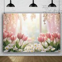 2D Pink Tulip & Daisy Photography Backdrop for Spring Party 47.2x31.5inch/120*80cm