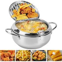 Deep Fryer Pot, Stainless Steel Frying Tempura Pot with Oil Drip Rack and Lid, French Fries Pot with Temperature Control Compatible with Gas Stove sidabras