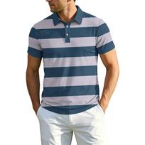 Men's Short Sleeve Striped Polo Shirt Classic Fit Lightweight Breathable Fabric Three Button Placket Collar Top L