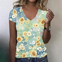 Women V Neck Short Sleeve Floral Print T Shirt Casual Loose Fit Lightweight Soft Top for Daily Wear and Outdoor Activities XXL