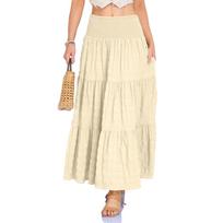 Women’s Long Maxi Skirt with Smocked Waist and Tiered Design Lightweight Flowy Fabric Casual Loose Fit Skirt for Everyday Wear M smėlis