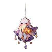 Cute Acrylic Ghost Suncatcher with Pumpkin Stained Glass Window Hanging Decor Halloween Wall Art Panel with Chain for Indoor Home Kitchen Decor A