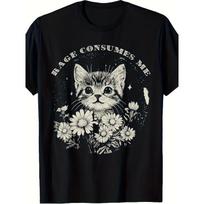European Sizes Funny Cat Graphic T-Shirt | 'Rage Consumes Me' Sarcastic Kitten & Flower Design, Soft Breathable Tee for Men S įvairiaspalvis