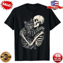 NEW! Skeleton Hugging Cat Funny Cat Lover Cat Mom's Day Gift T-shirts S-5XL S įvairiaspalvis